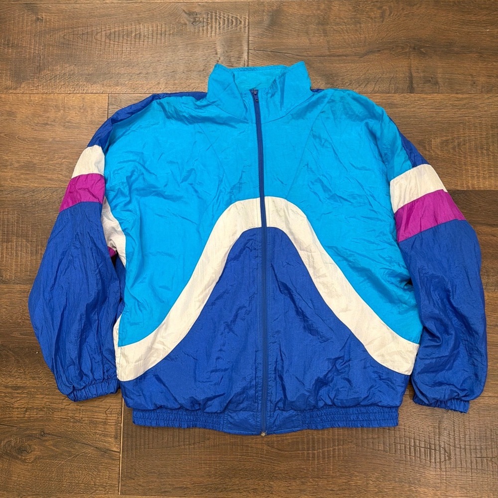 Vintage 90s Bold Spirit Windbreaker Jacket Blue Colorblock Full Zip Mens Large L
